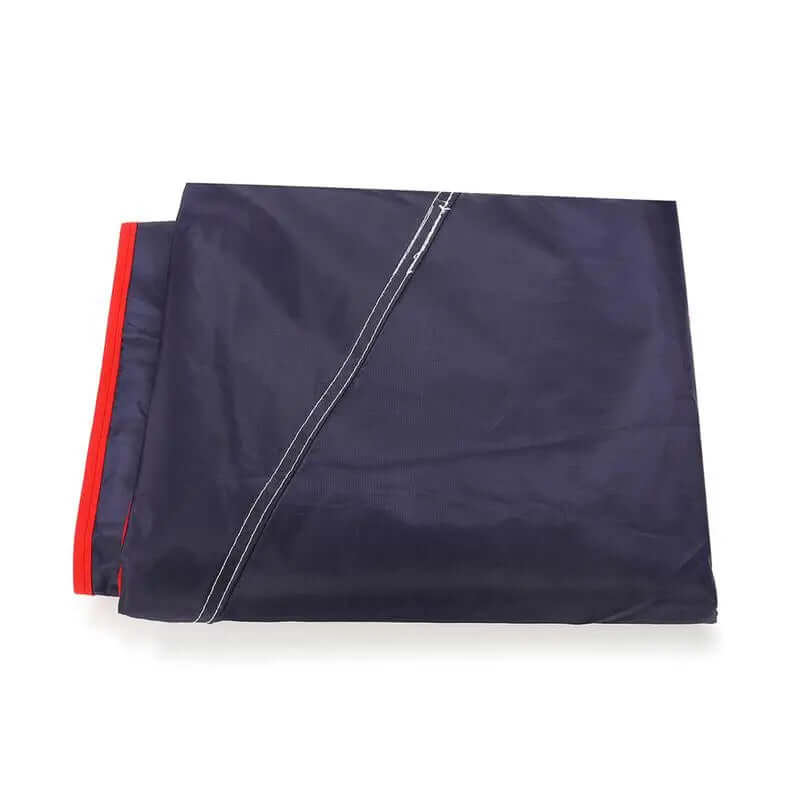 Folded car umbrella canopy cover in navy blue with red trim, suitable for outdoor use, waterproof and portable.