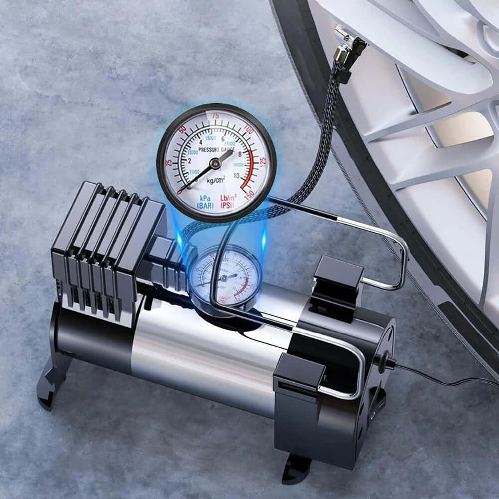 12V Portable Air Compressor with Pressure Gauge Mini Air Compressor Cylinder Power System Auto Inflatable Pump Car Tyre Inflator
