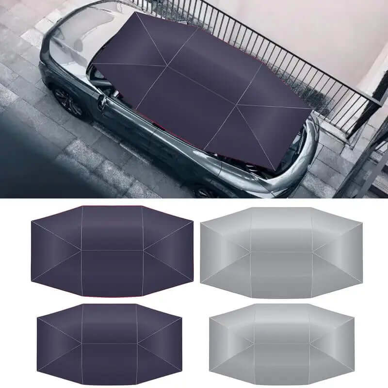 Car umbrella awning tent shown on a vehicle, showcasing portable, waterproof design in multiple colors and angles.