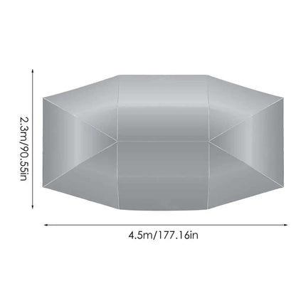 Dimensions of the Car Umbrella: 4.5m x 2.3m, highlighting its semi-automatic and portable design.
