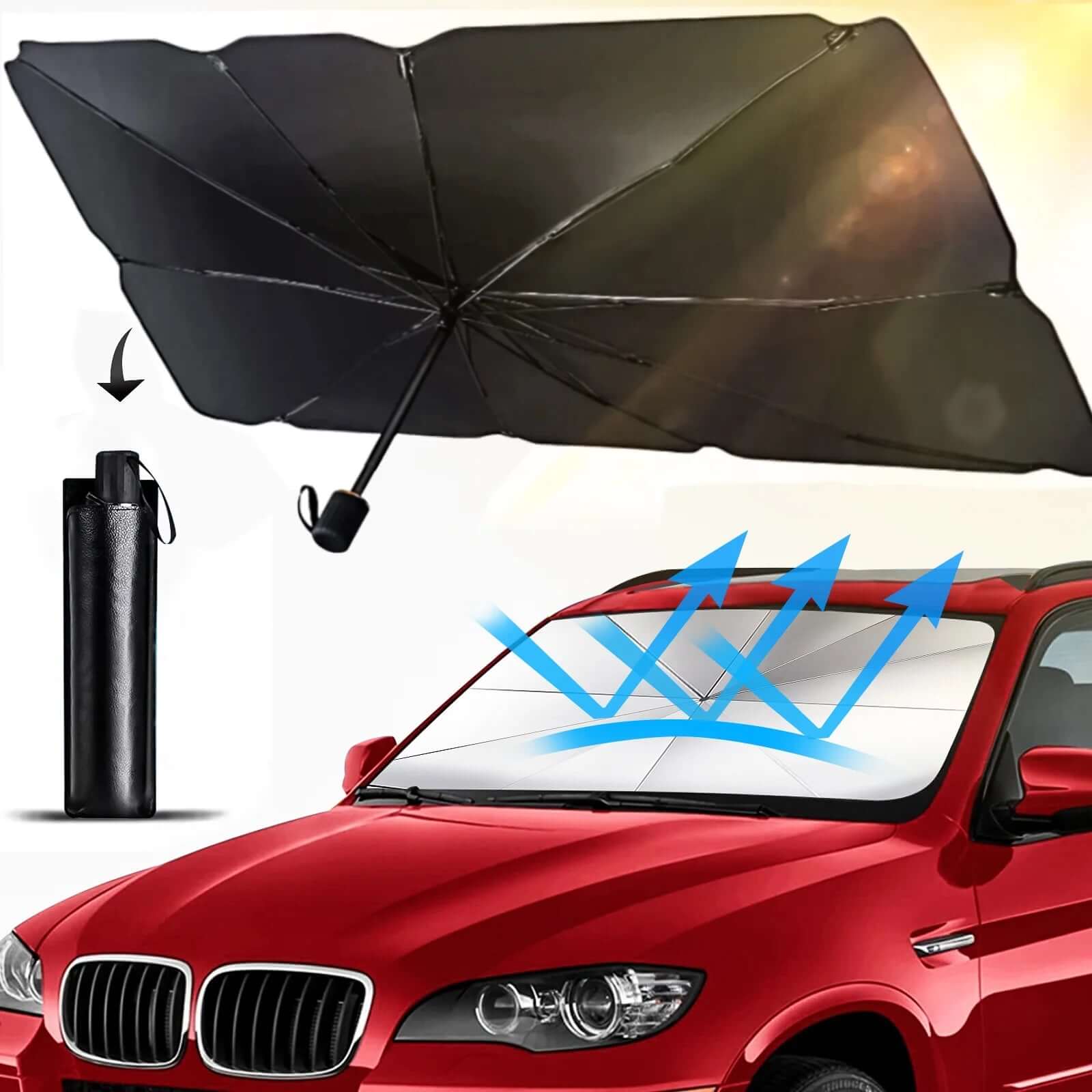 UV protection automotive window shade in black, folding style, blocking sunlight for cooler interior, ideal for summer driving.