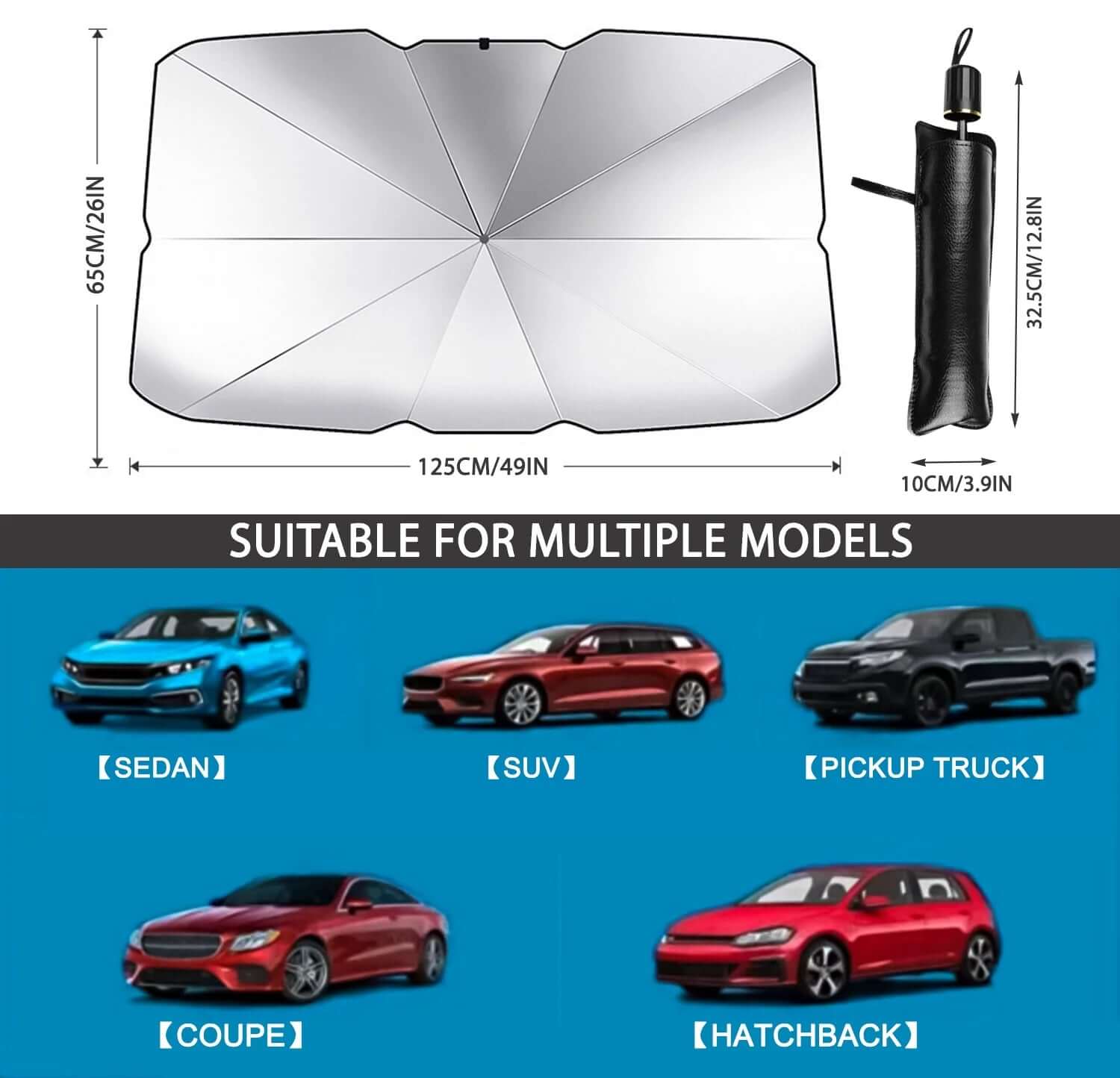 Automotive UV protection window shade, 49" x 26", suitable for various car models like sedan, SUV, pickup truck, coupe, hatchback.