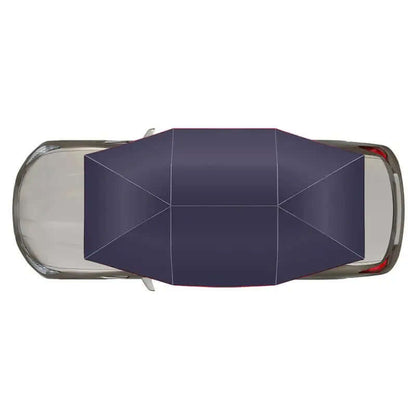 Car umbrella awning tent covering a parked vehicle, providing waterproof and sun protection for outdoor use.
