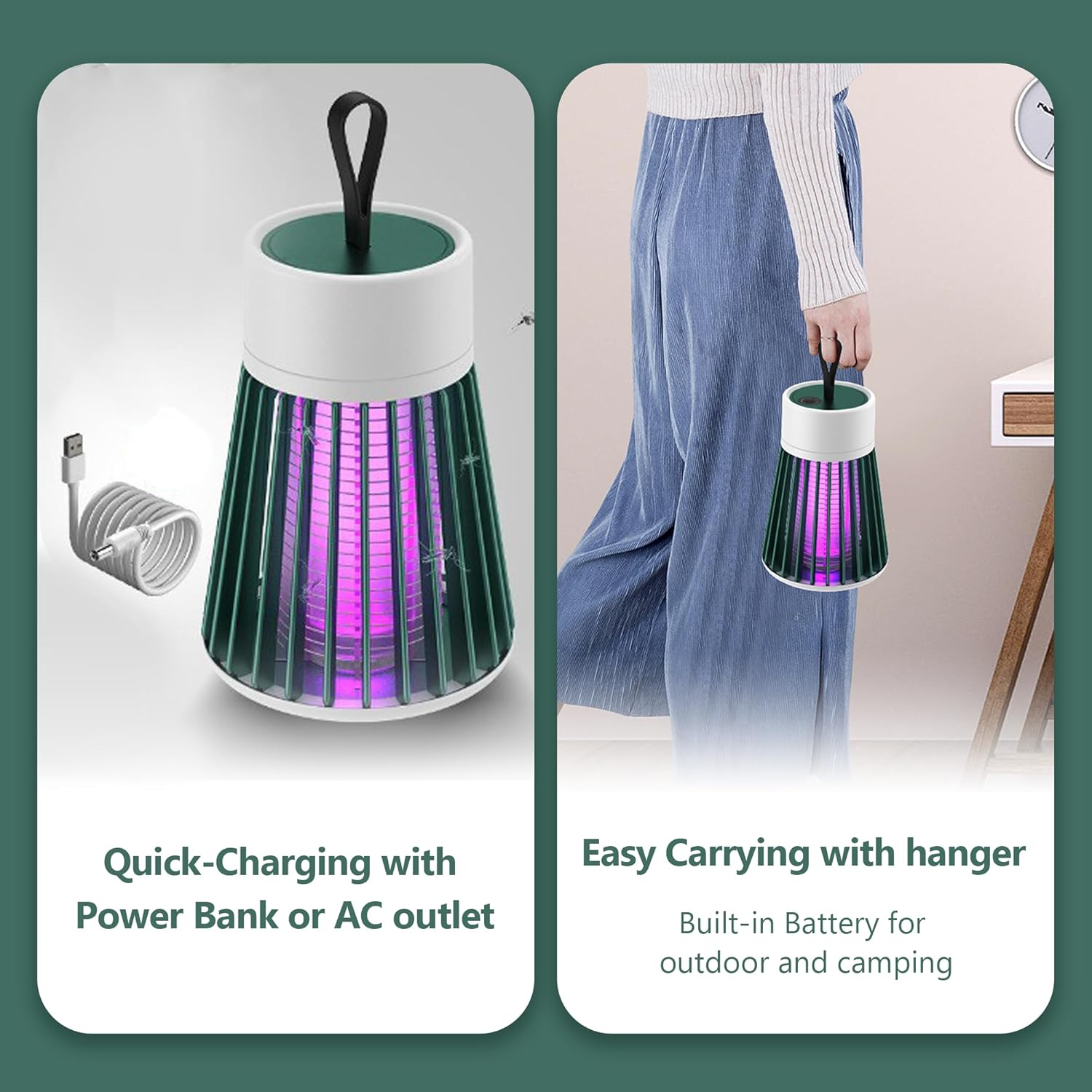 Indoor and Outdoor Bug Zapper and Fly Trap - Portable Mosquito and Fruit Fly Control for Home, Garden, and Camping - Green 2-Pack