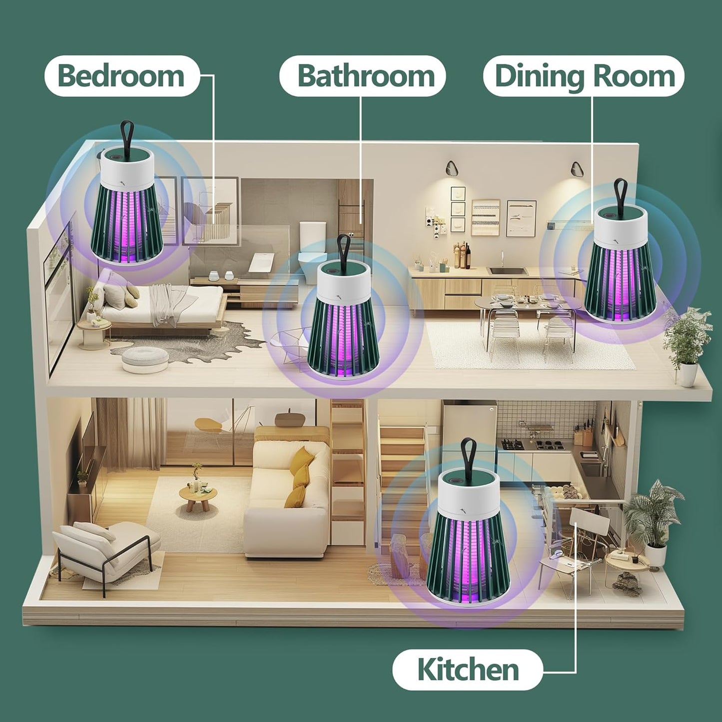 Indoor and Outdoor Bug Zapper and Fly Trap - Portable Mosquito and Fruit Fly Control for Home, Garden, and Camping - Green 2-Pack