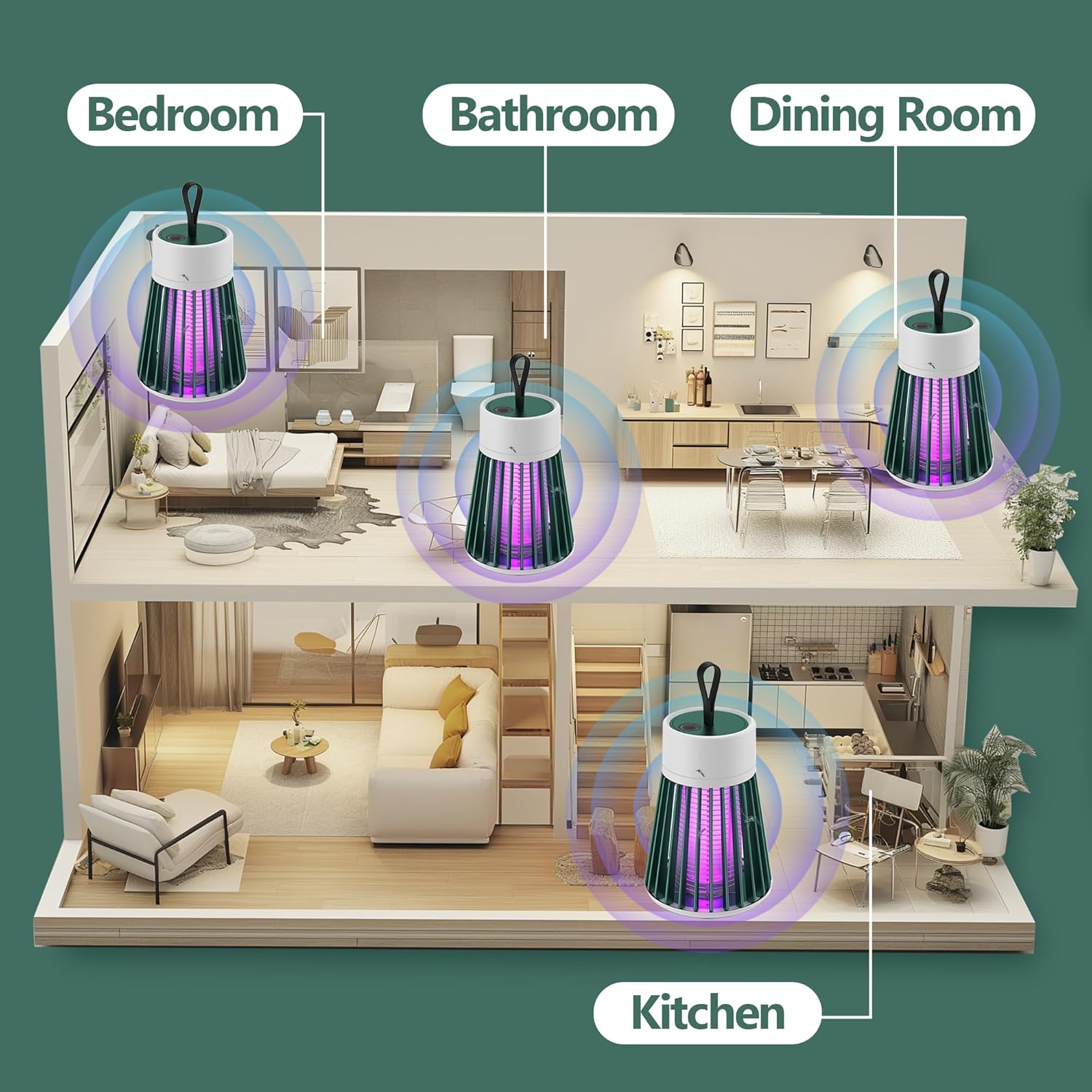 Indoor and Outdoor Bug Zapper and Fly Trap - Portable Mosquito and Fruit Fly Control for Home, Garden, and Camping - Green 2-Pack