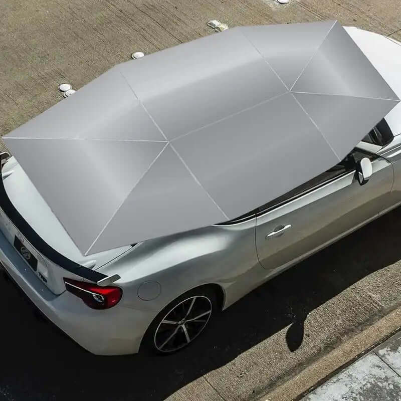 Car umbrella semi-automatic awning tent providing shade and insulation on a parked vehicle, showcasing outdoor waterproof design.