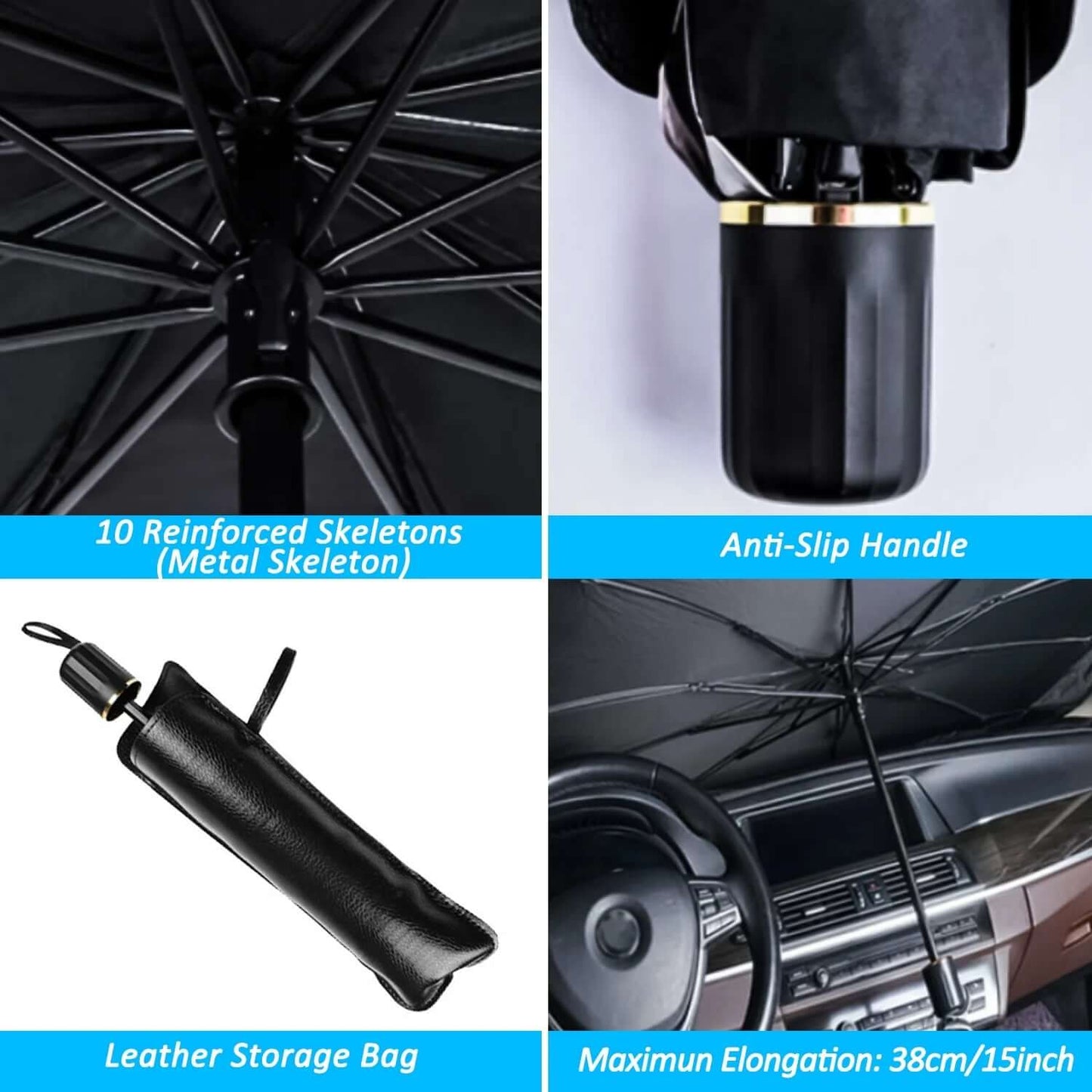 Features of UV protection automotive window shades: reinforced skeletons, anti-slip handle, leather storage bag, max elongation 15 inches.