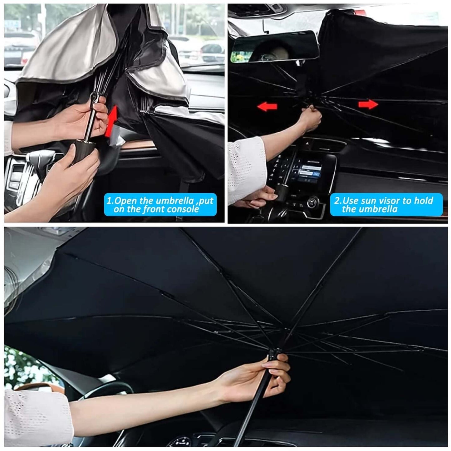 Instructions on using UV protection automotive window shades, demonstrating setup inside a car.