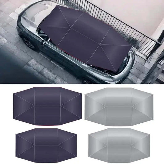 Car umbrella awning tent shown on a vehicle, showcasing portable, waterproof design in multiple colors and angles.