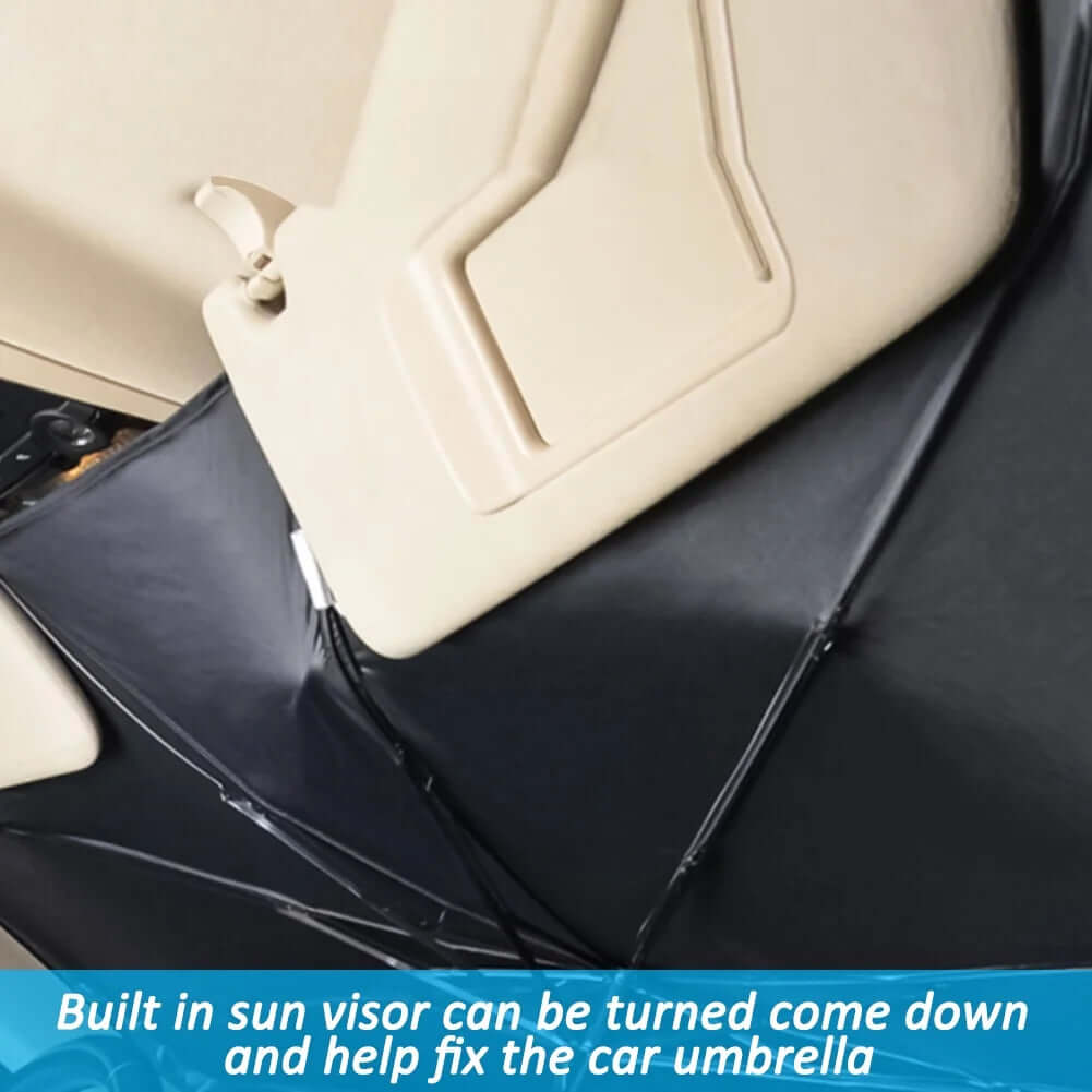 Close-up of car umbrella windshield shade showing built-in sun visor for easy installation and secure fit.