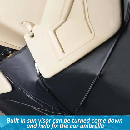 Close-up of car umbrella windshield shade showing built-in sun visor for easy installation and secure fit.